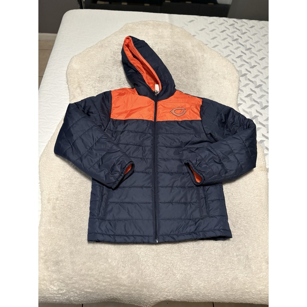 Chicago Bears NFL Boys XL 14/16 Navy Orange Puffer Jacket Hood